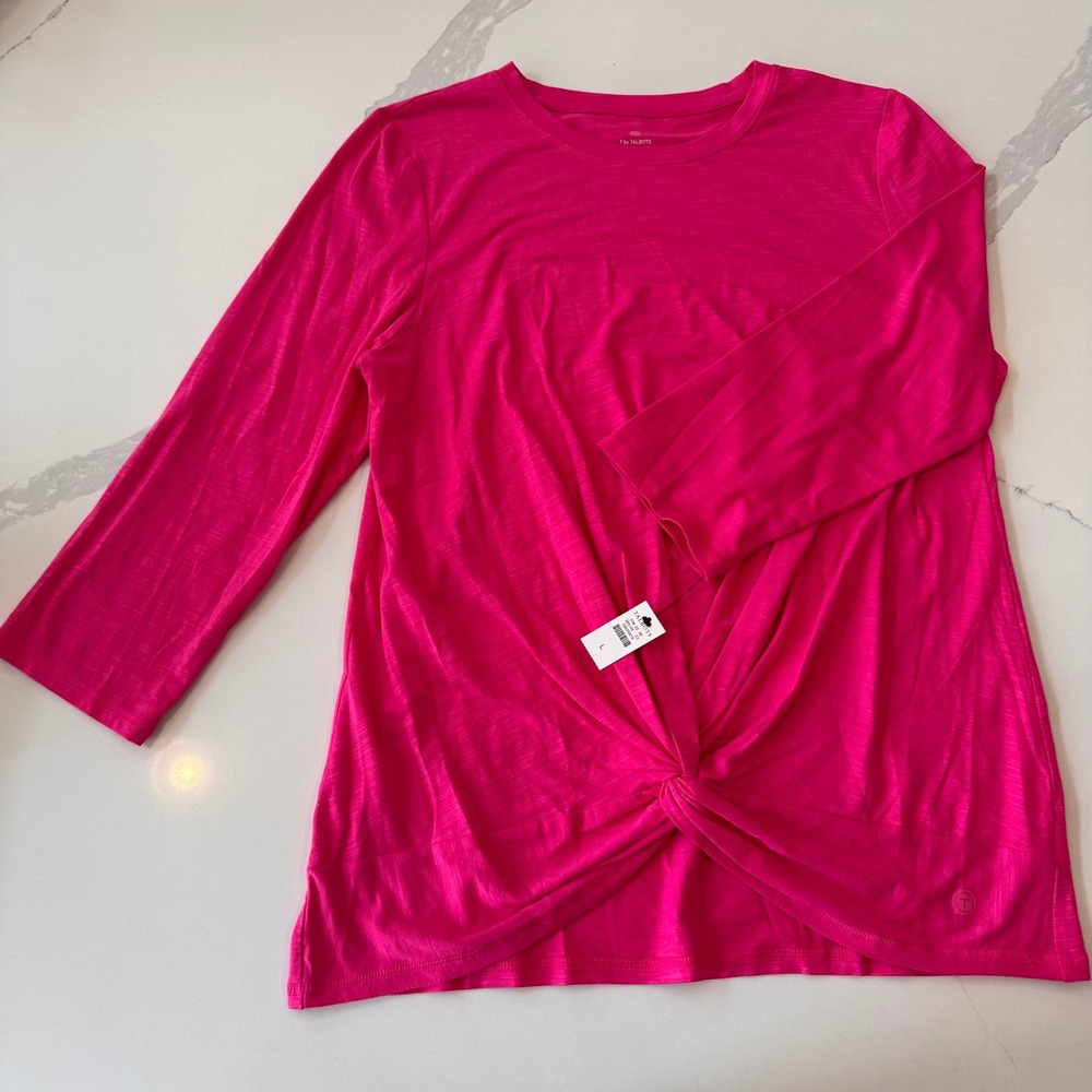 Talbots T by Talbots Pink Slub Knit Twist Front Long Sleeve Top Large NEW